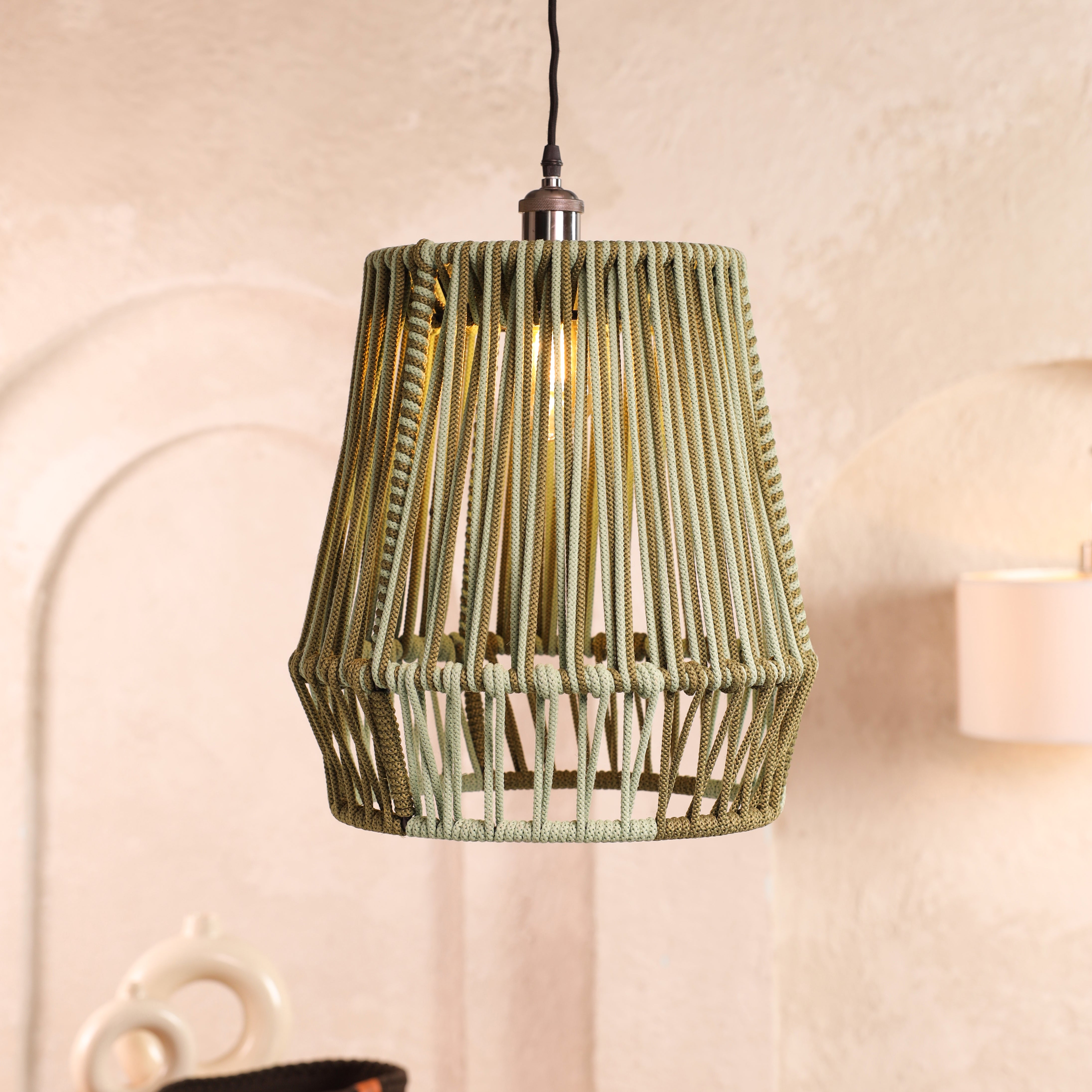 Muted Moss Olive green and light olive Rope Pendant Lamp